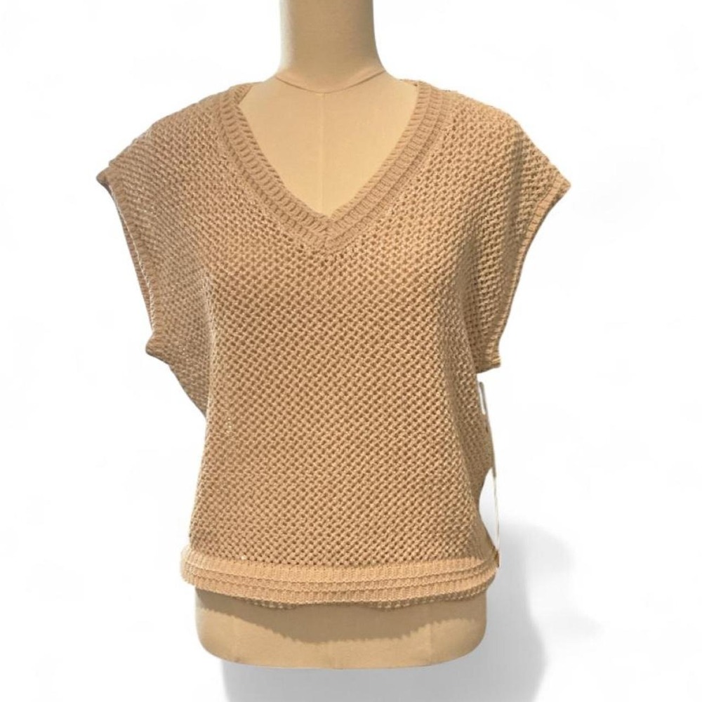 Joie Sweater Vest Women S Beige NEW Shimmer Open Knit V-Neck Mesh Sleeveless Top